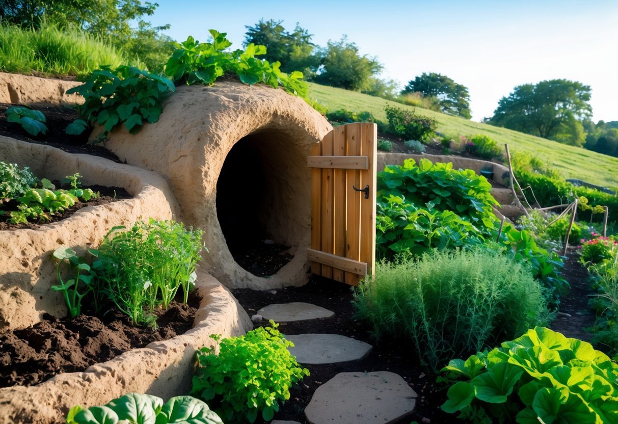 23+ Root Cellar Garden Ideas: Practical Tips for Sustainable US Homegrowers 16 A cob or adobe root cellar built into a garden hillside with plants and a wooden door partially open.