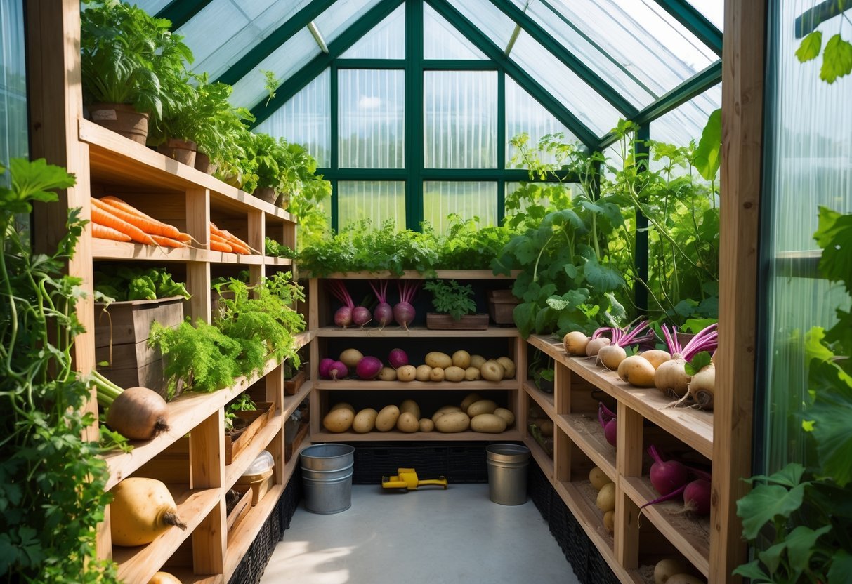 23+ Root Cellar Garden Ideas: Practical Tips for Sustainable US Homegrowers 17 Inside view of a root cellar area within a greenhouse, showing shelves filled with root vegetables and green plants growing around.