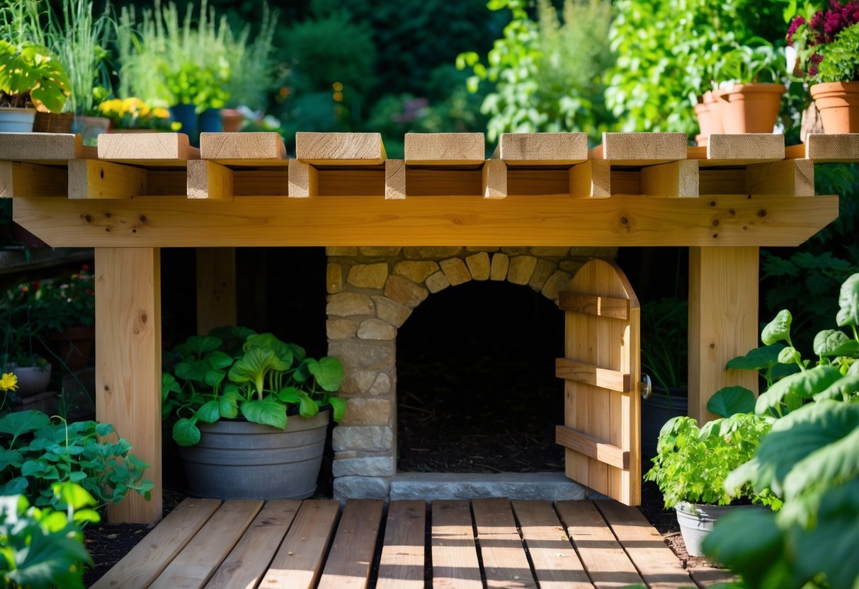 23+ Root Cellar Garden Ideas: Practical Tips for Sustainable US Homegrowers 18 A wooden deck with an entrance to a root cellar underneath, surrounded by green plants and garden vegetables.