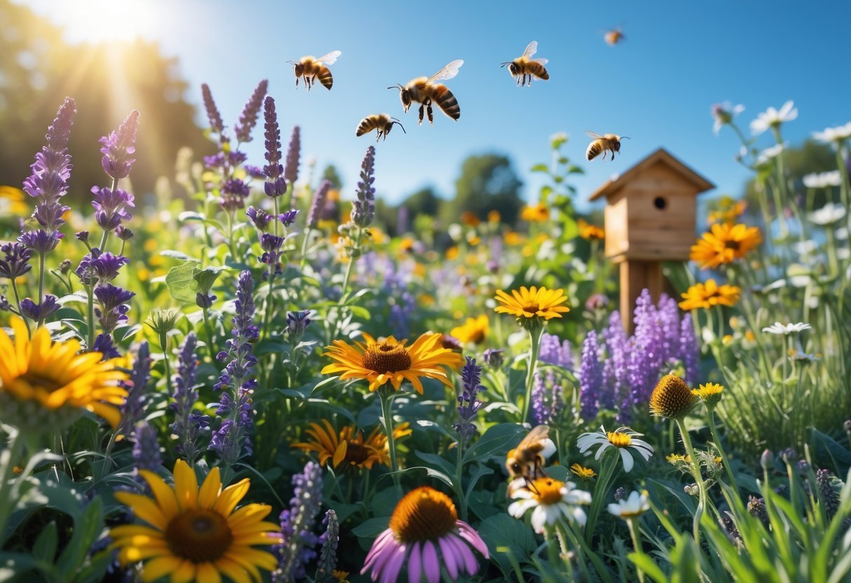 18+ Bee Garden Ideas to Boost Pollinators in Your Backyard This Summer 2 A colorful garden with blooming flowers and bees flying and pollinating among them.