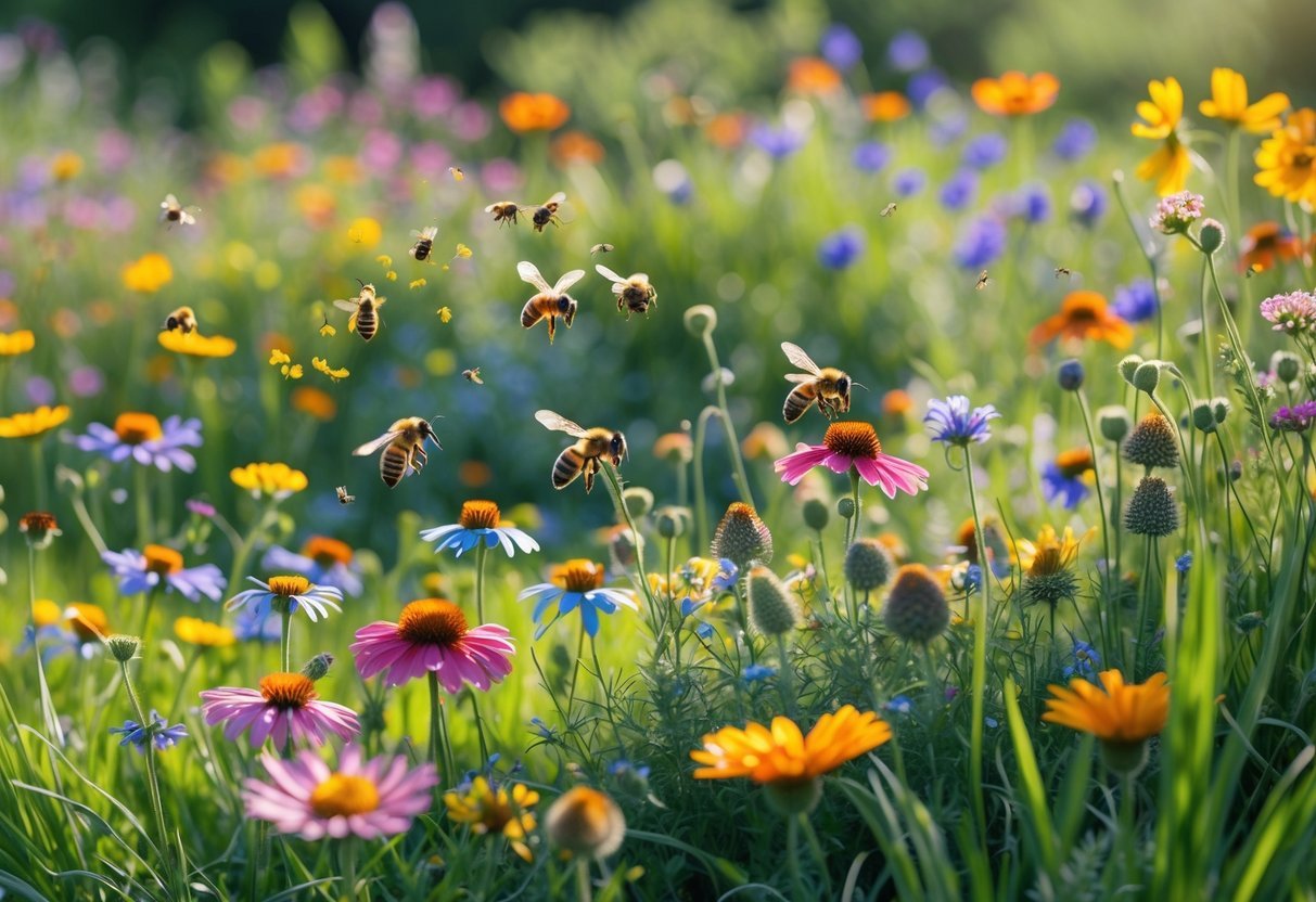 18+ Bee Garden Ideas to Boost Pollinators in Your Backyard This Summer 3 A wildflower meadow with colorful flowers and bees pollinating them in a garden.