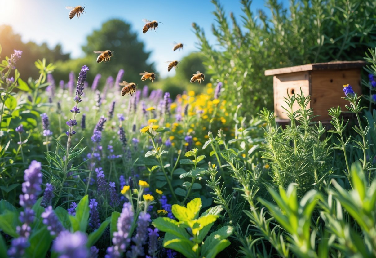 18+ Bee Garden Ideas to Boost Pollinators in Your Backyard This Summer 4 A sunlit garden filled with blooming herbs and bees pollinating flowers near a wooden bee house.