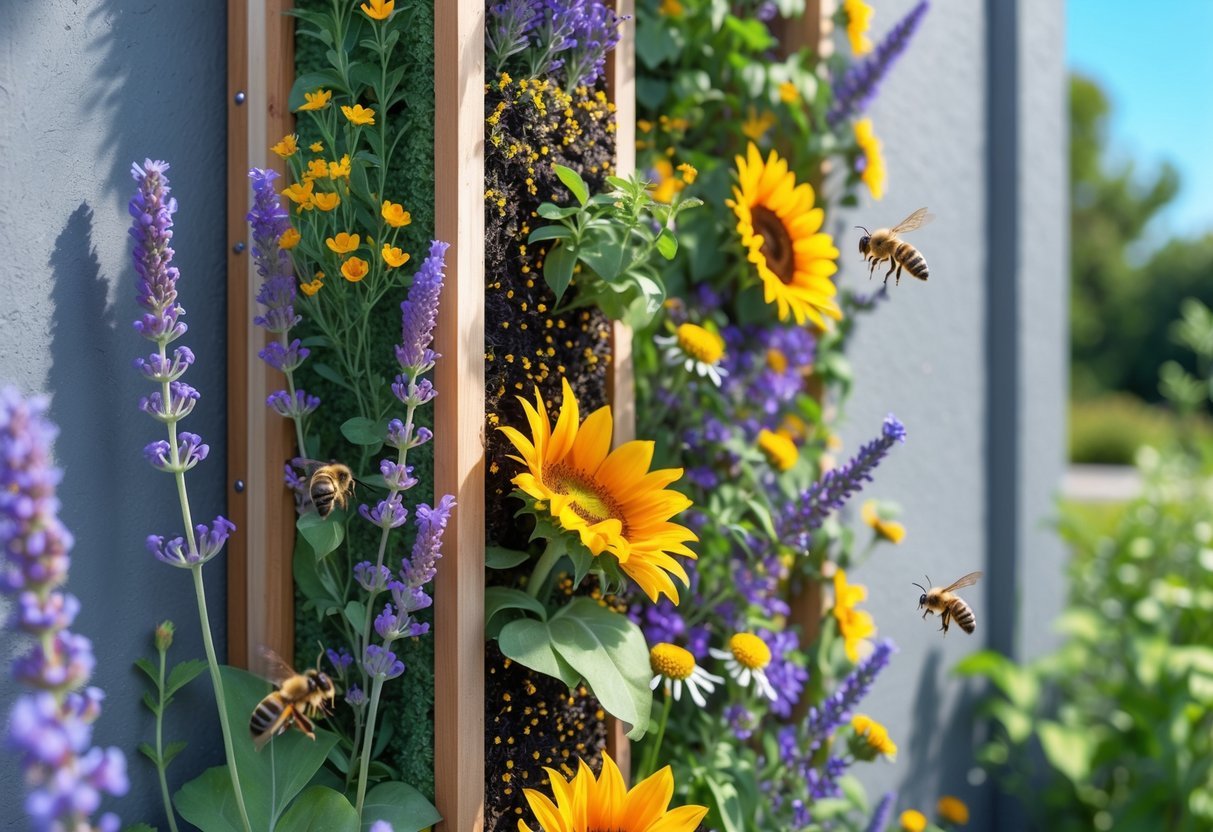 18+ Bee Garden Ideas to Boost Pollinators in Your Backyard This Summer 5 A vertical wall garden with colorful flowering plants and bees pollinating the flowers outdoors.
