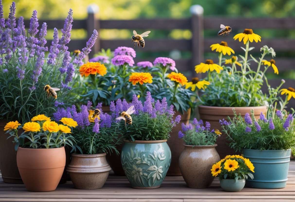 18+ Bee Garden Ideas to Boost Pollinators in Your Backyard This Summer 6 A container garden with colorful flowers and bees pollinating them on a wooden patio.