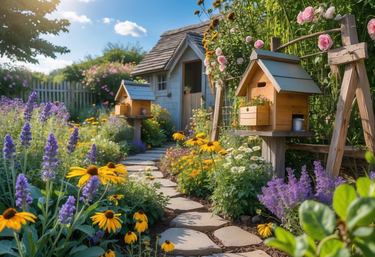 18+ Bee Garden Ideas to Boost Pollinators in Your Backyard This Summer 7 A bee garden with colorful flowers, wooden bee houses, and bees pollinating plants near a cottage.