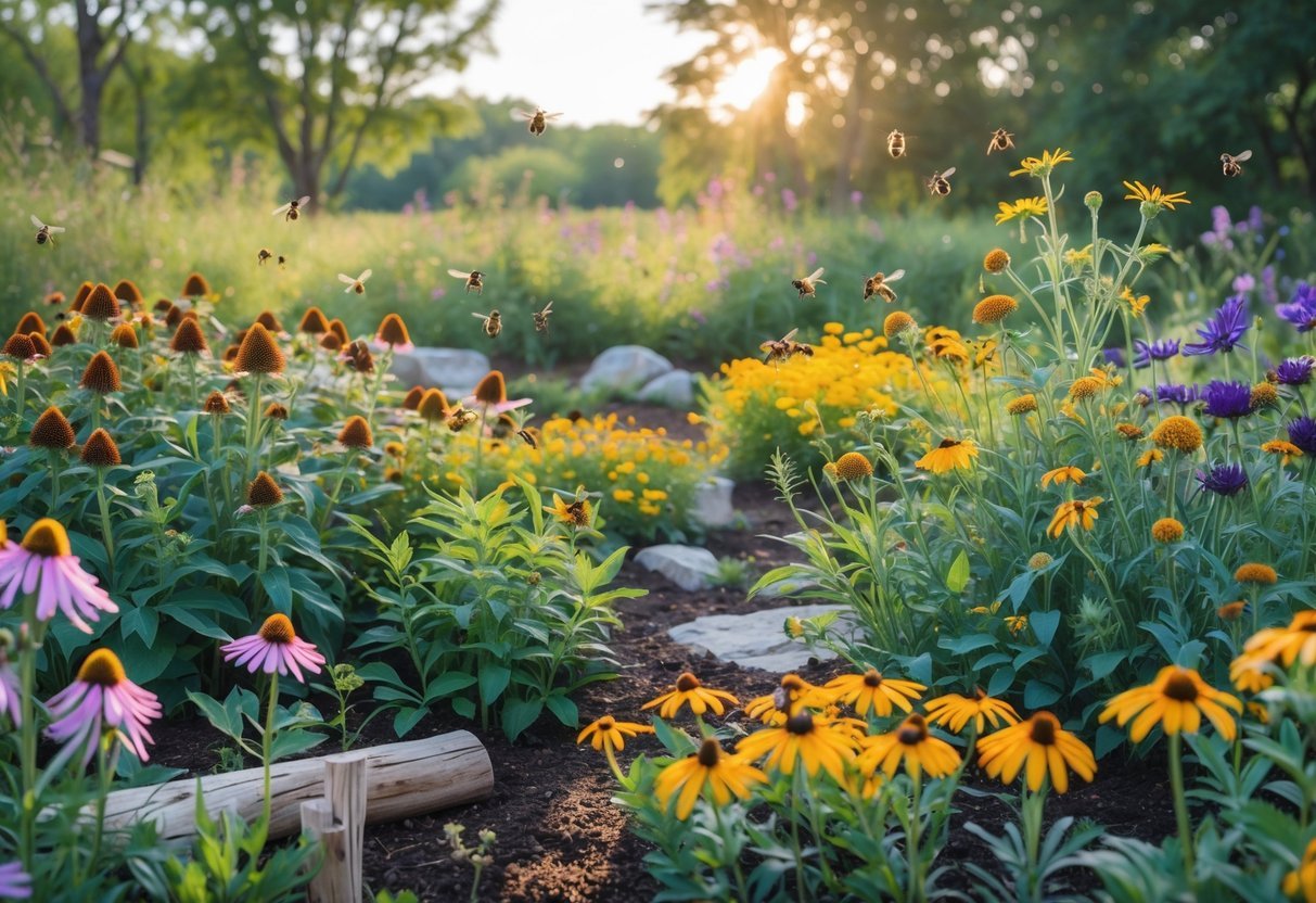 18+ Bee Garden Ideas to Boost Pollinators in Your Backyard This Summer 8 A vibrant native plant bee sanctuary garden with various flowering plants and bees pollinating them under sunlight.