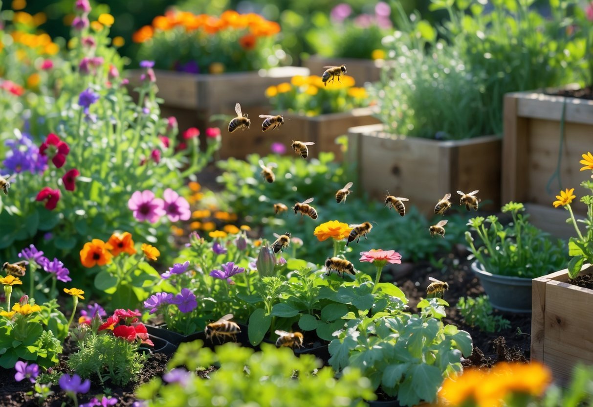 18+ Bee Garden Ideas to Boost Pollinators in Your Backyard This Summer 9 A colorful edible flower garden with various blooming flowers and bees collecting nectar.