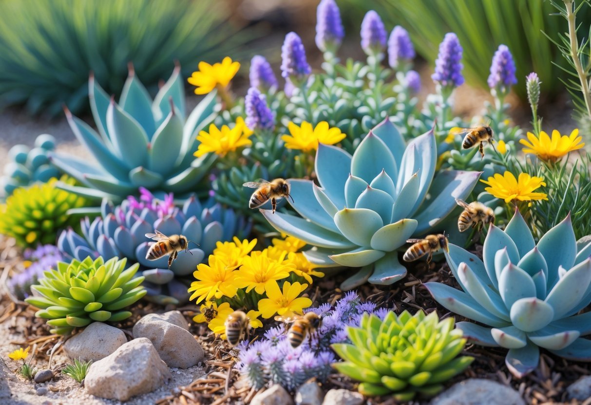 18+ Bee Garden Ideas to Boost Pollinators in Your Backyard This Summer 10 A sunny bee garden filled with succulent plants and flowering drought-tolerant flowers with bees pollinating the blossoms.
