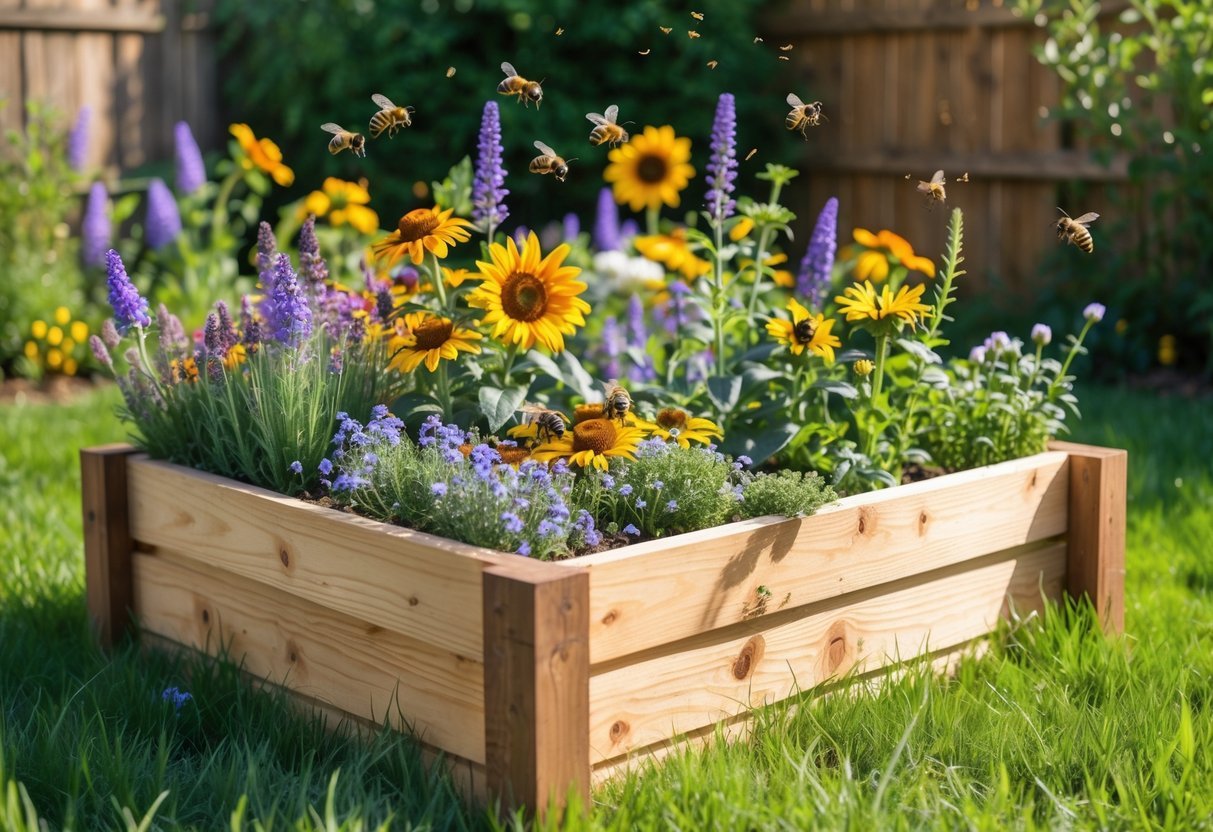 18+ Bee Garden Ideas to Boost Pollinators in Your Backyard This Summer 11 A raised wooden garden bed filled with colorful flowers attracting several bees in a sunny outdoor garden.