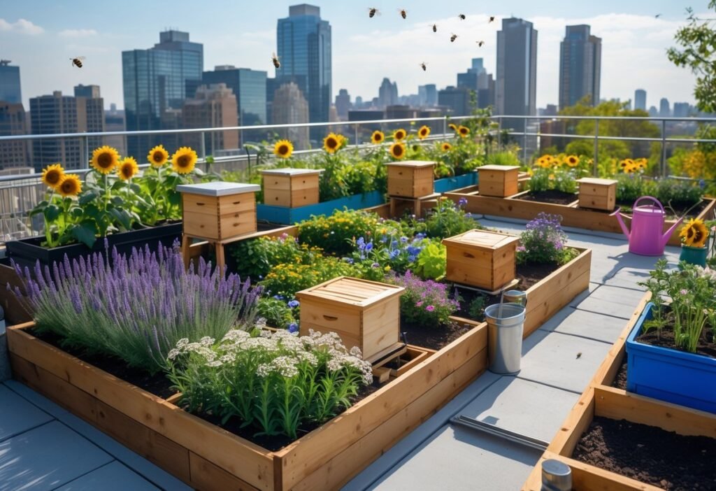 An urban rooftop garden with flowering plants, bee hives, and bees flying around, overlooking a city skyline.