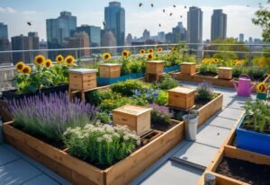 An urban rooftop garden with flowering plants, bee hives, and bees flying around, overlooking a city skyline.