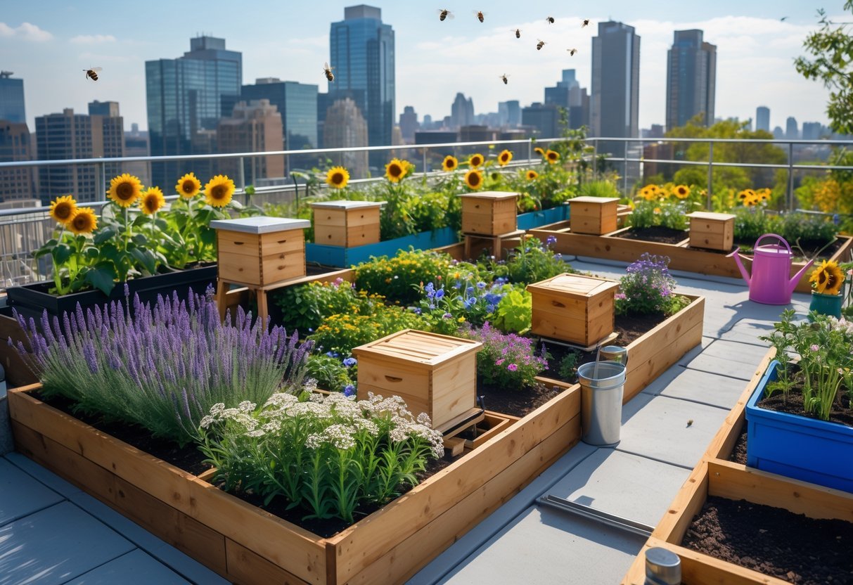 18+ Bee Garden Ideas to Boost Pollinators in Your Backyard This Summer 12 An urban rooftop garden with flowering plants, bee hives, and bees flying around, overlooking a city skyline.
