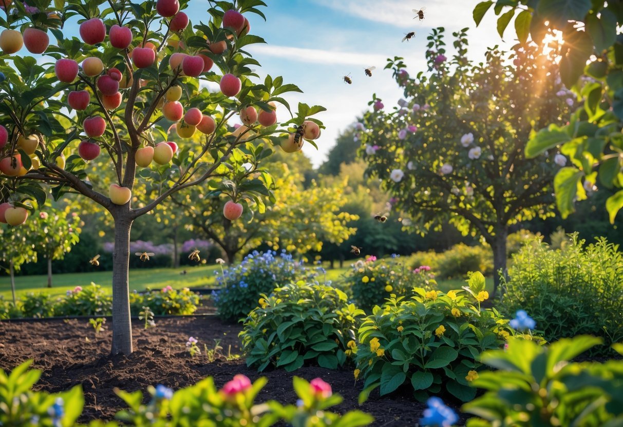 18+ Bee Garden Ideas to Boost Pollinators in Your Backyard This Summer 13 A bee garden with fruit trees and berry bushes, showing bees pollinating flowers and ripe fruits under sunlight.
