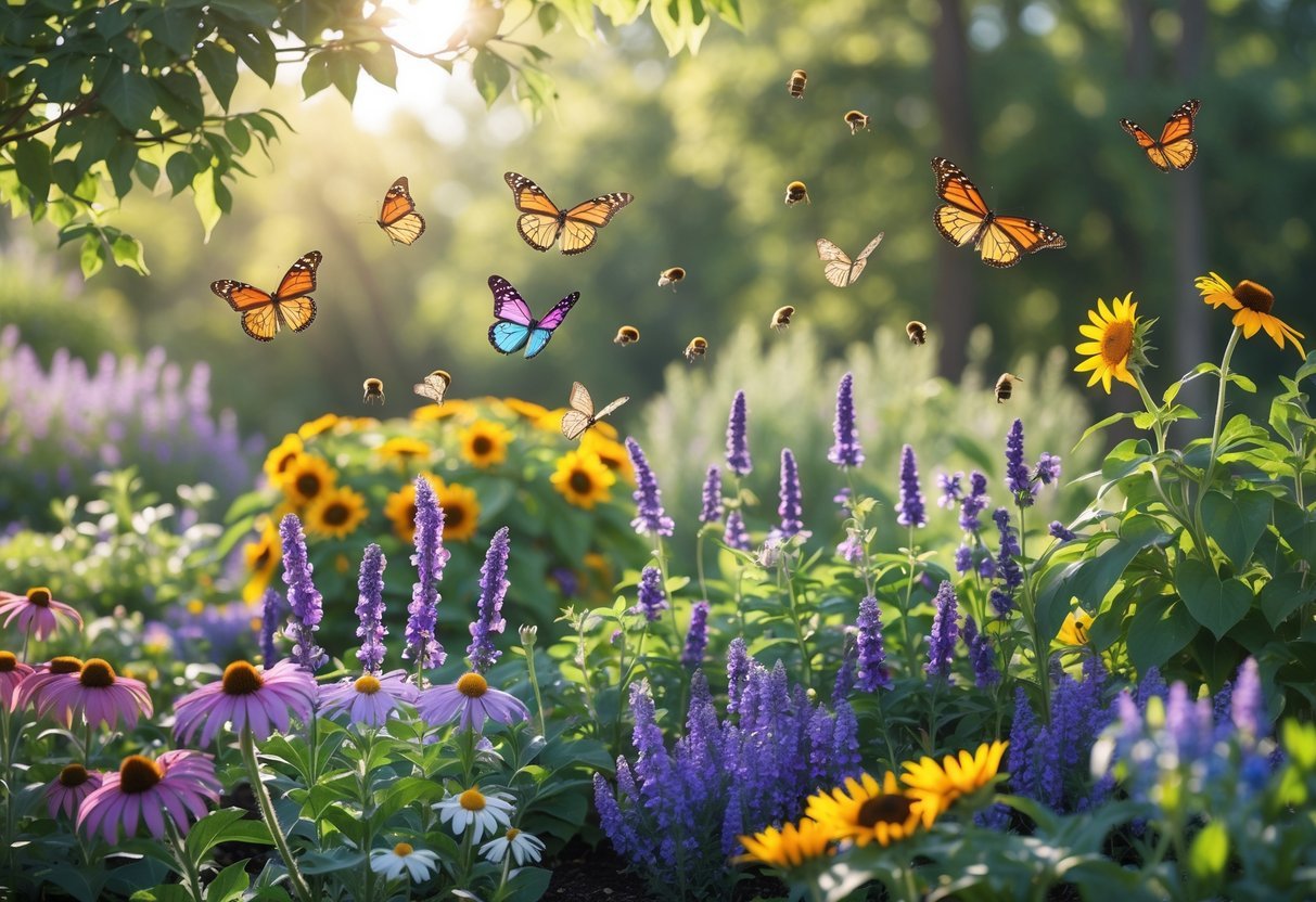 18+ Bee Garden Ideas to Boost Pollinators in Your Backyard This Summer 14 A garden filled with colorful flowers, butterflies fluttering, and bees collecting nectar among the blooms.