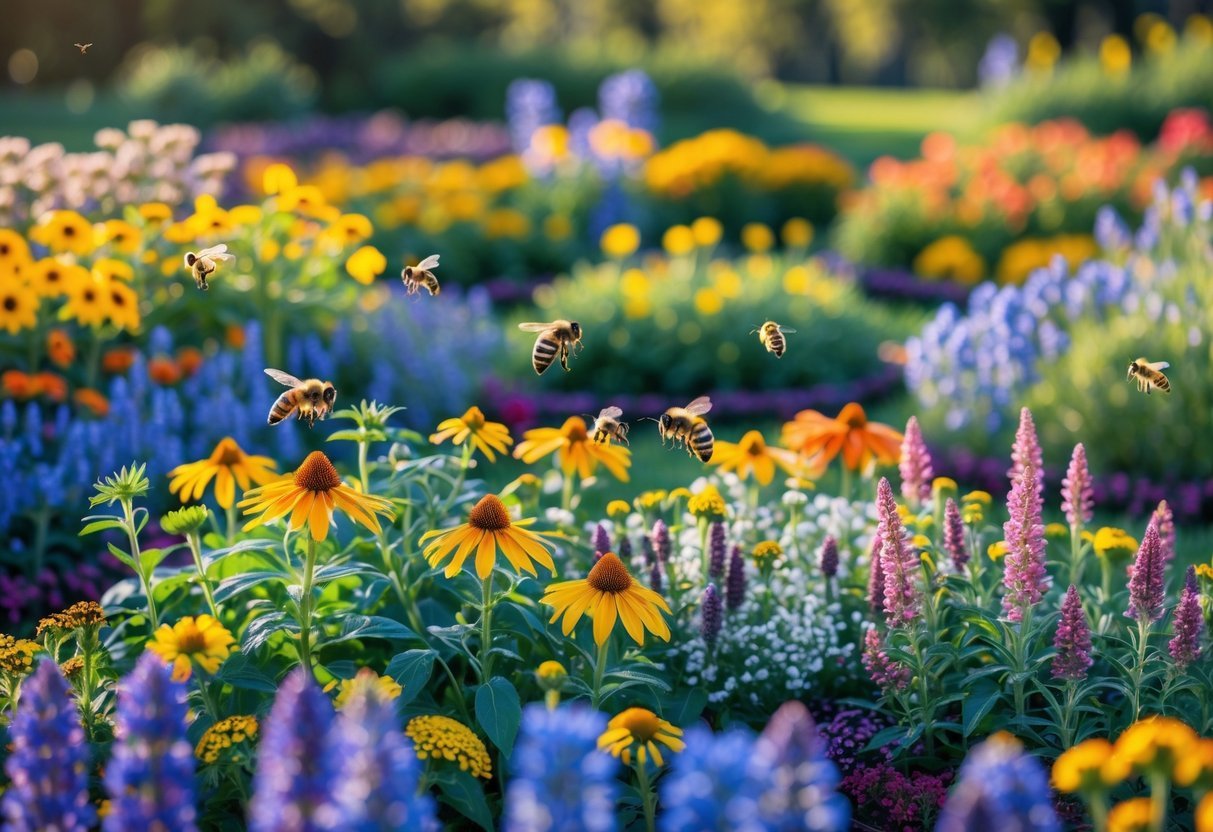 18+ Bee Garden Ideas to Boost Pollinators in Your Backyard This Summer 15 A colorful garden with various blooming flowers and bees pollinating them during different seasons.