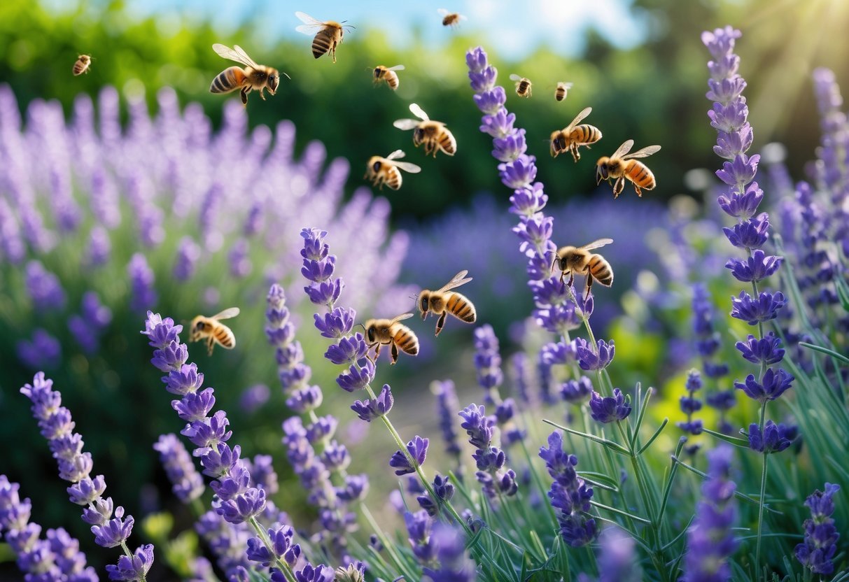 18+ Bee Garden Ideas to Boost Pollinators in Your Backyard This Summer 16 A blooming lavender garden with bees collecting nectar on purple flowers under sunlight.