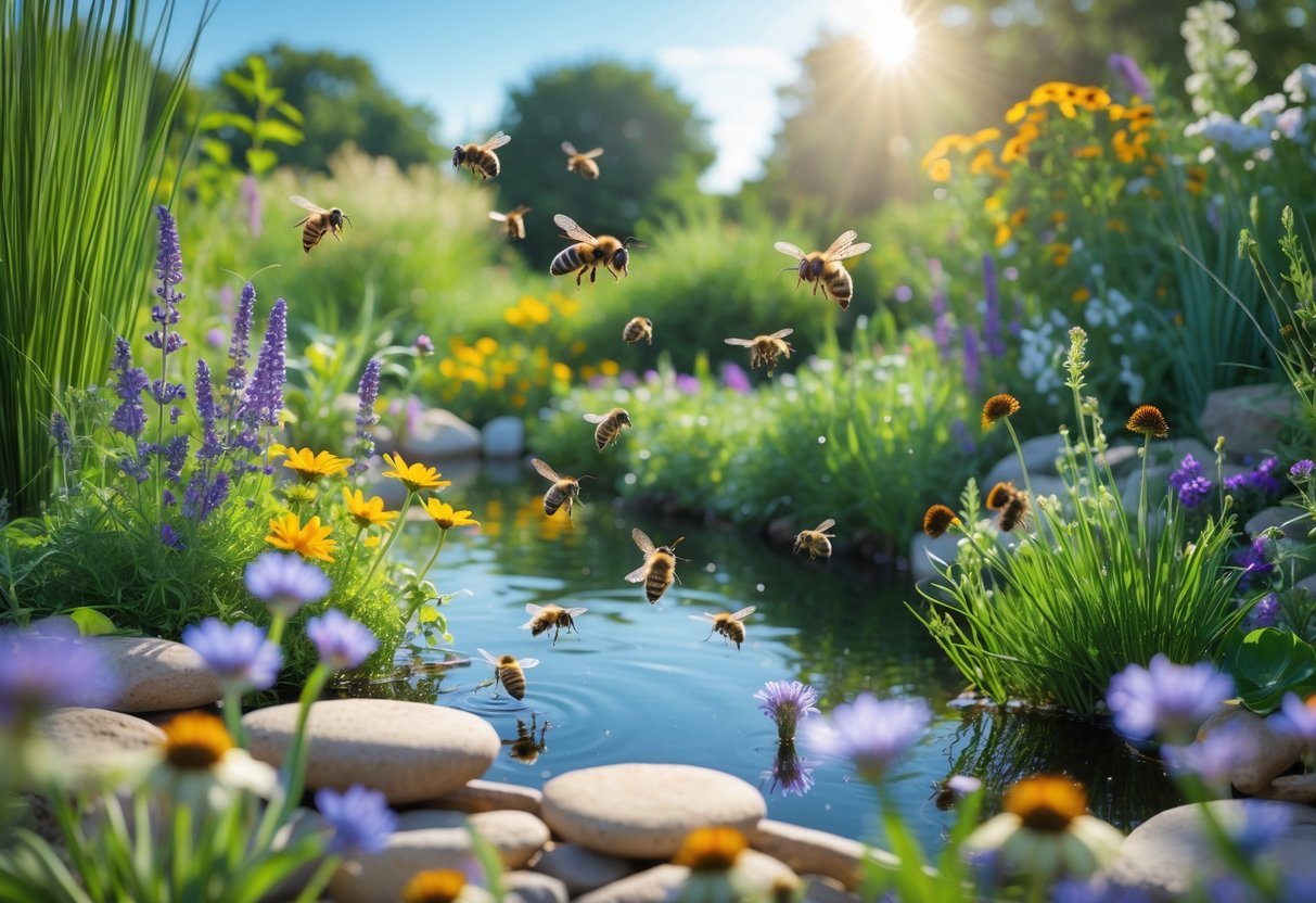 18+ Bee Garden Ideas to Boost Pollinators in Your Backyard This Summer 17 A pond surrounded by colorful wildflowers and green plants with bees flying around, creating a peaceful garden scene.