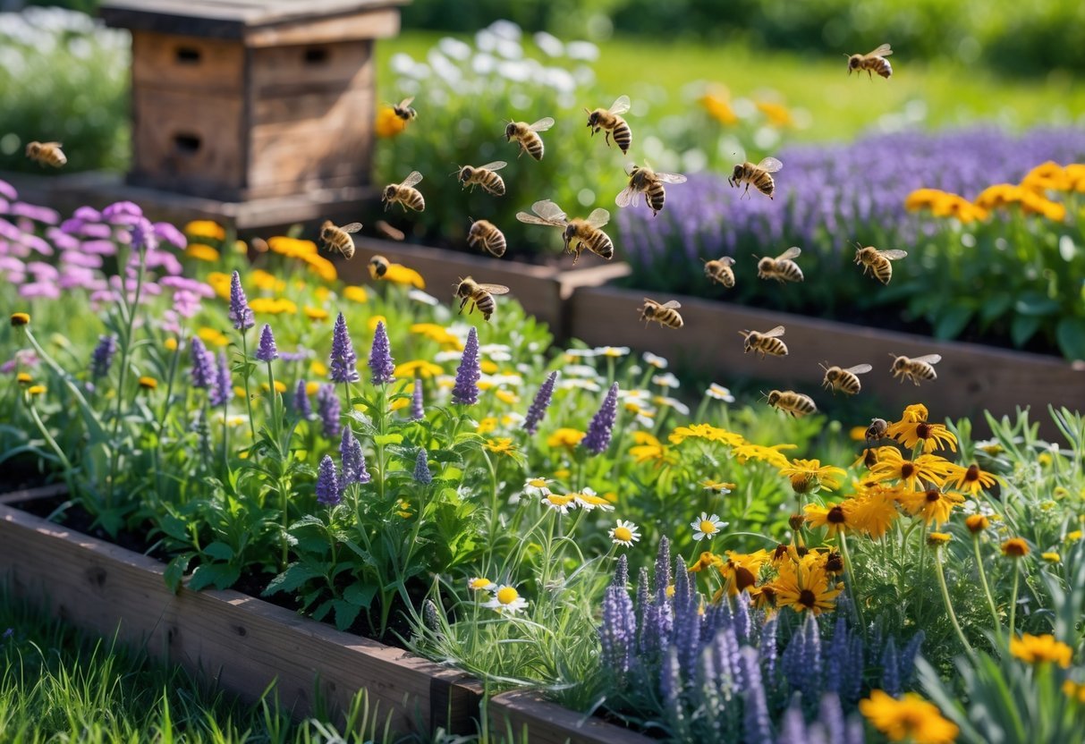 18+ Bee Garden Ideas to Boost Pollinators in Your Backyard This Summer 18 A colorful garden with medicinal plants and bees pollinating flowers near a wooden beehive on a sunny day.