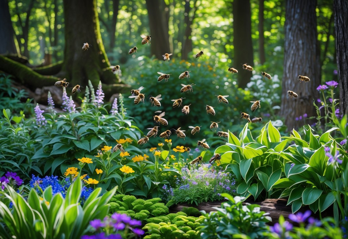 18+ Bee Garden Ideas to Boost Pollinators in Your Backyard This Summer 19 A shaded woodland garden with various flowering plants and bees collecting nectar among the greenery.