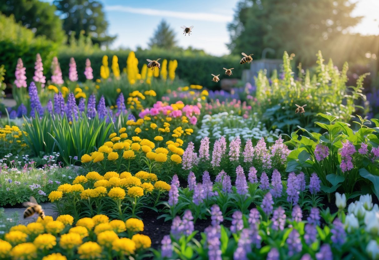 18+ Bee Garden Ideas to Boost Pollinators in Your Backyard This Summer 20 A colorful garden with various flowers blooming in stages and bees pollinating the plants under a clear sky.