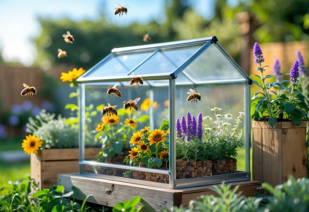 18+ Bee Garden Ideas to Boost Pollinators in Your Backyard This Summer 21 Mini greenhouse filled with flowering plants attracting bees in a backyard garden.