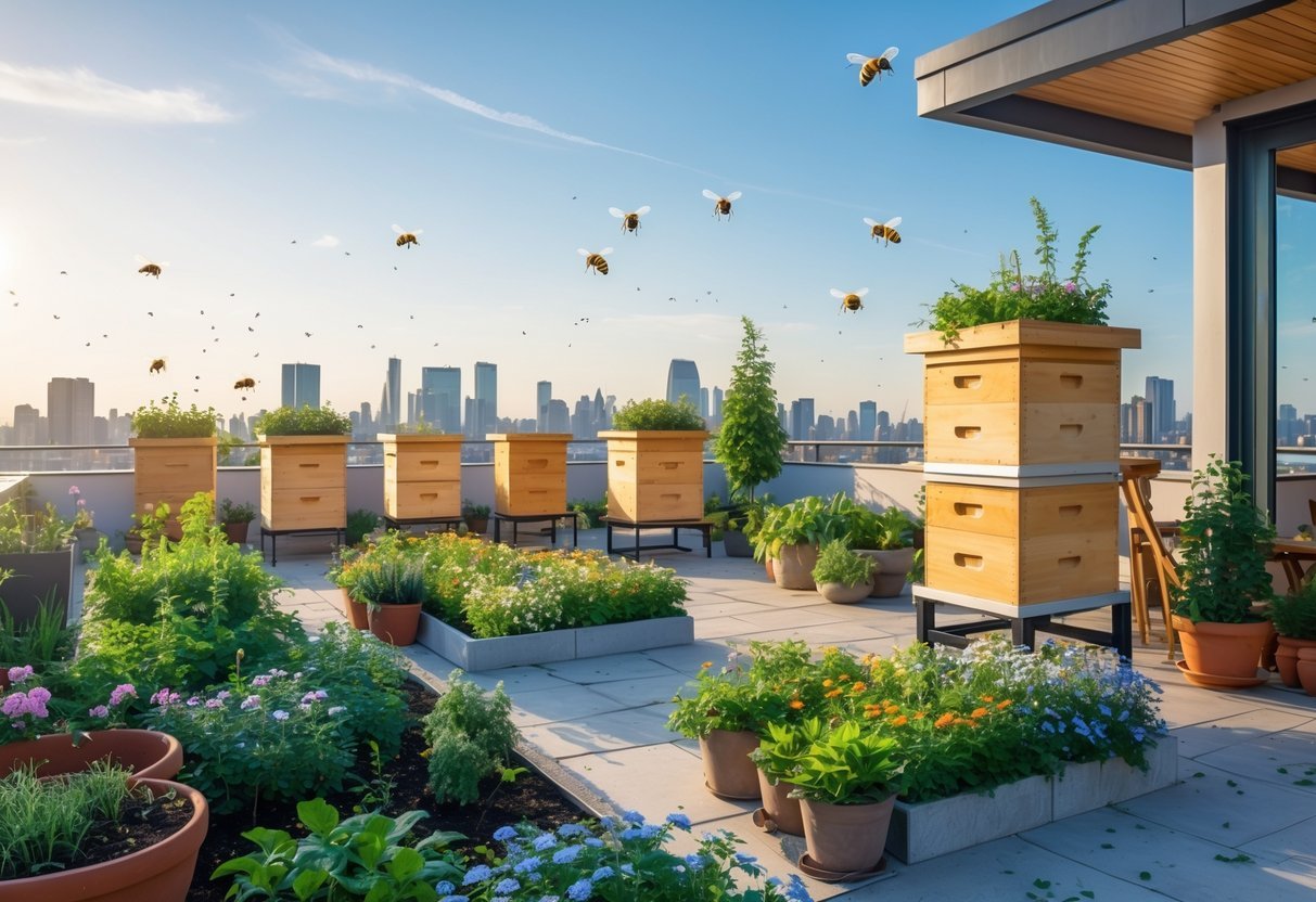 21+ Rooftop Beekeeping Garden Ideas: Practical Designs for Urban Beekeepers in the US 2 Rooftop garden with wooden beehives, flowering plants, and bees flying around, overlooking a city skyline.