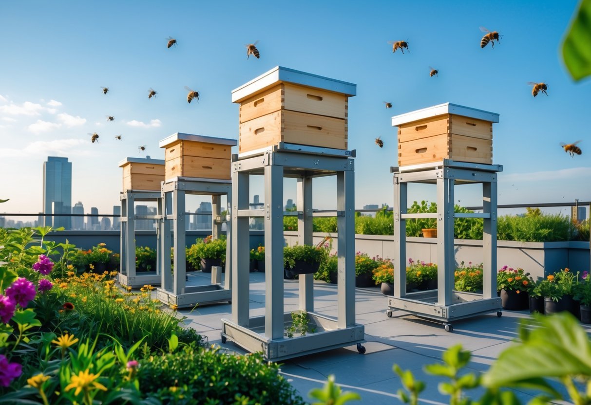 21+ Rooftop Beekeeping Garden Ideas: Practical Designs for Urban Beekeepers in the US 3 Rooftop garden with modular wooden beehives on stands surrounded by plants and bees flying around.
