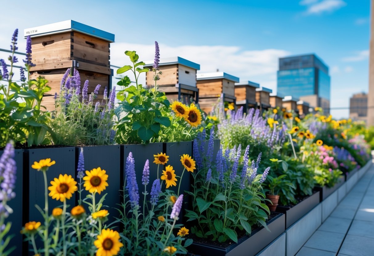21+ Rooftop Beekeeping Garden Ideas: Practical Designs for Urban Beekeepers in the US 4 Rooftop garden with vertical planters full of colorful bee-friendly flowers and honeybee hives in the background.