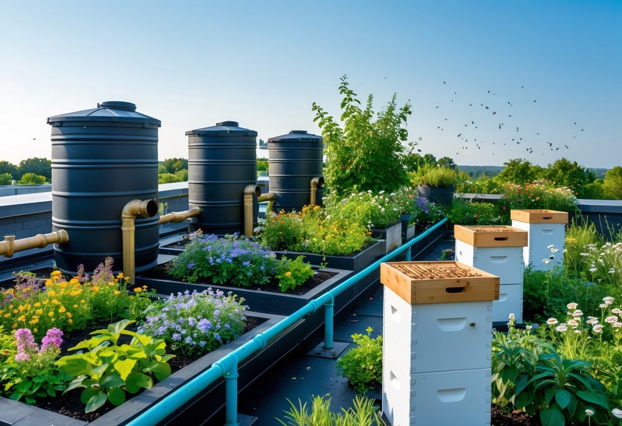 21+ Rooftop Beekeeping Garden Ideas: Practical Designs for Urban Beekeepers in the US 5 Rooftop garden with rainwater barrels and wooden beehives surrounded by flowering plants and bees flying around.