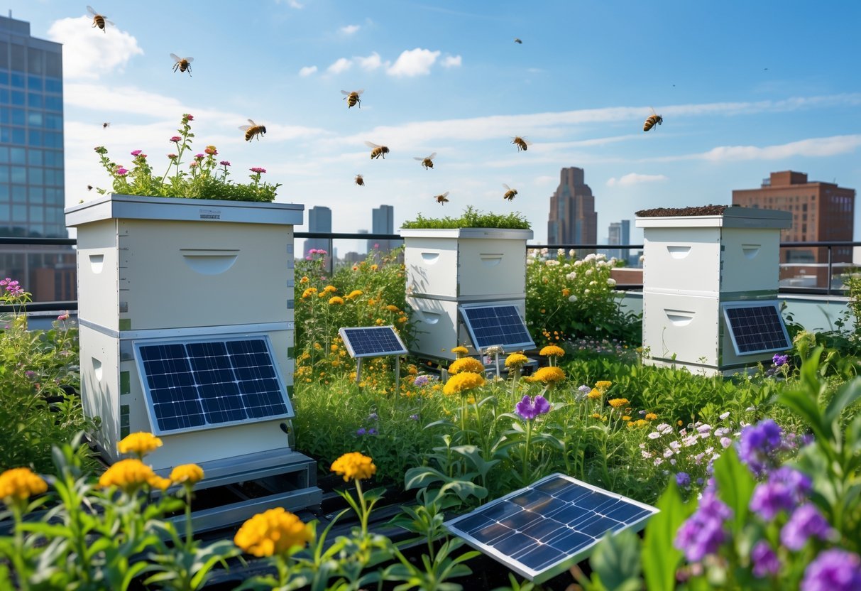 21+ Rooftop Beekeeping Garden Ideas: Practical Designs for Urban Beekeepers in the US 6 Rooftop garden with beehives, solar panels, flowering plants, and bees flying around in an urban setting.