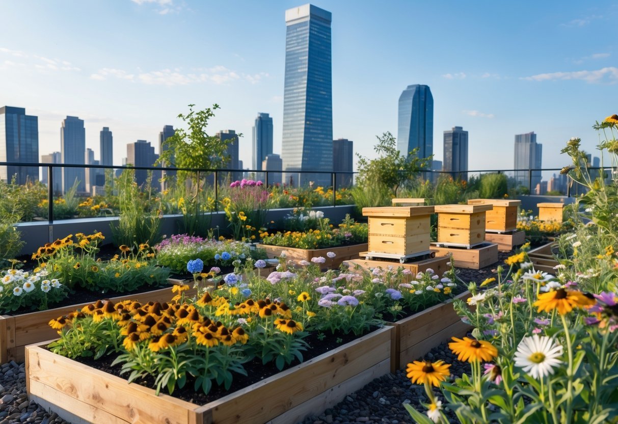 21+ Rooftop Beekeeping Garden Ideas: Practical Designs for Urban Beekeepers in the US 7 Rooftop garden with colorful native wildflower patches and wooden beehives, bees flying among the flowers, and a city skyline in the background.