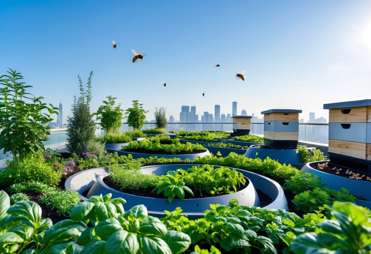 21+ Rooftop Beekeeping Garden Ideas: Practical Designs for Urban Beekeepers in the US 8 Rooftop garden with spiral herb beds and beehives, bees flying around, city skyline in the background.