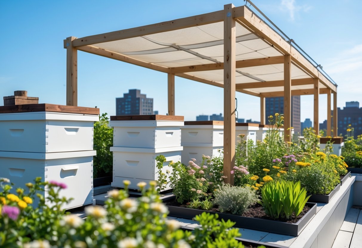 21+ Rooftop Beekeeping Garden Ideas: Practical Designs for Urban Beekeepers in the US 9 Rooftop beekeeping garden with beehives under shade structures surrounded by plants and city buildings in the background.