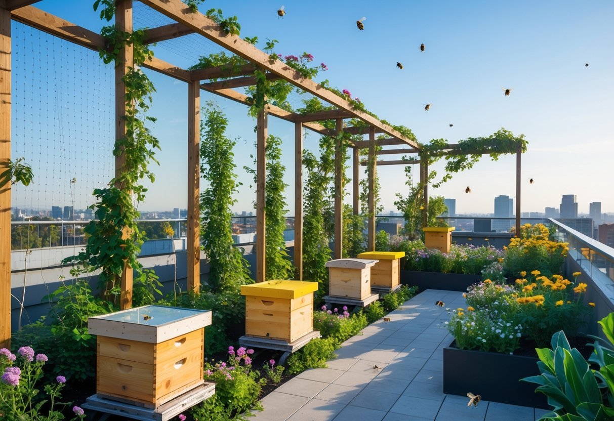21+ Rooftop Beekeeping Garden Ideas: Practical Designs for Urban Beekeepers in the US 10 A rooftop garden with windbreak trellises, wooden beehives, flowering plants, and bees flying around, overlooking a city skyline.