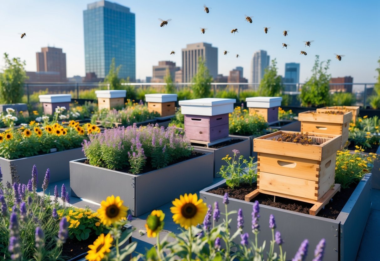 21+ Rooftop Beekeeping Garden Ideas: Practical Designs for Urban Beekeepers in the US 11 Rooftop garden with raised flower beds and wooden beehives, bees flying among colorful blooming plants.