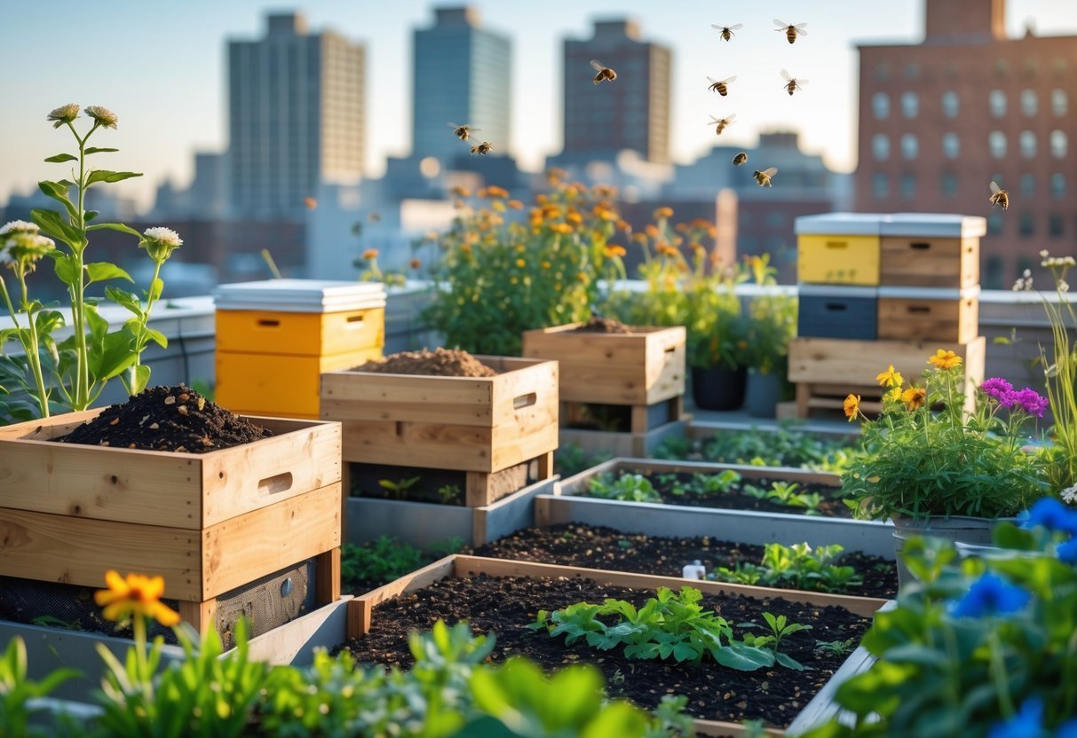 21+ Rooftop Beekeeping Garden Ideas: Practical Designs for Urban Beekeepers in the US 12 Rooftop garden with DIY compost bins and a small beekeeping setup surrounded by plants and flowers.
