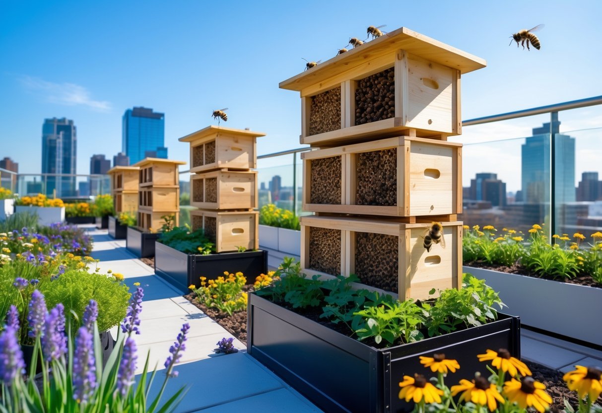 21+ Rooftop Beekeeping Garden Ideas: Practical Designs for Urban Beekeepers in the US 14 Rooftop garden with wooden mason bee hotels surrounded by flowering plants and bees flying around, with a city skyline in the background.