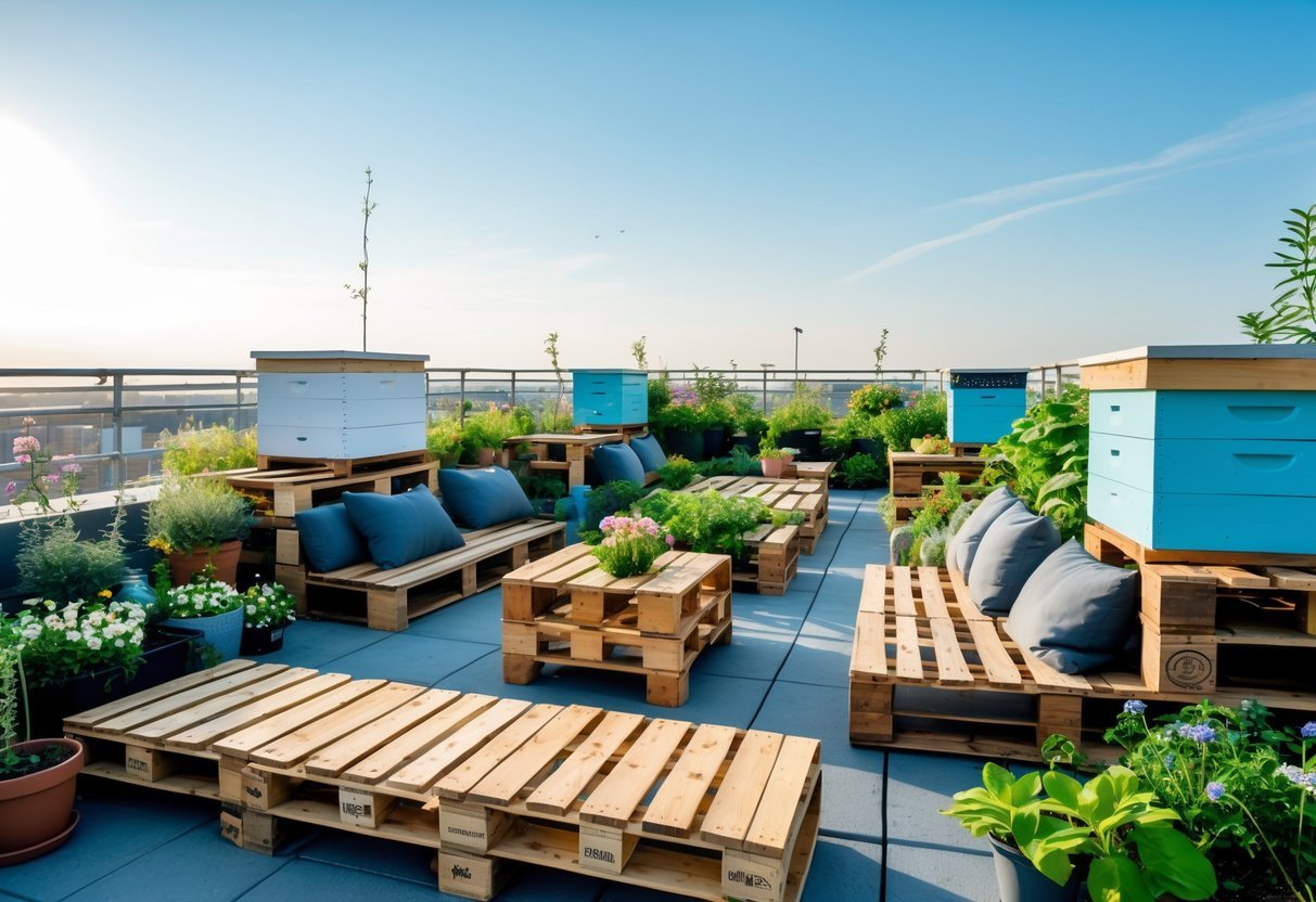 21+ Rooftop Beekeeping Garden Ideas: Practical Designs for Urban Beekeepers in the US 15 Rooftop garden with recycled pallet seating and beehives surrounded by flowering plants and greenery.