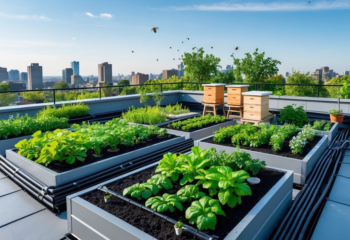 21+ Rooftop Beekeeping Garden Ideas: Practical Designs for Urban Beekeepers in the US 16 Rooftop garden with drip irrigation tubes watering plants and wooden beehives with bees flying nearby.