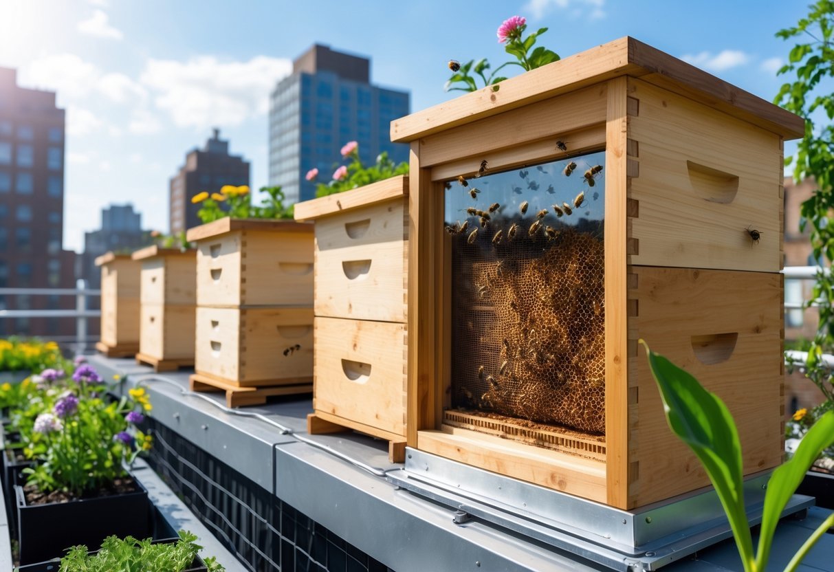 21+ Rooftop Beekeeping Garden Ideas: Practical Designs for Urban Beekeepers in the US 17 A rooftop beekeeping garden with wooden hives and a clear observation window showing honeycombs and bees inside, surrounded by plants and city buildings in the background.