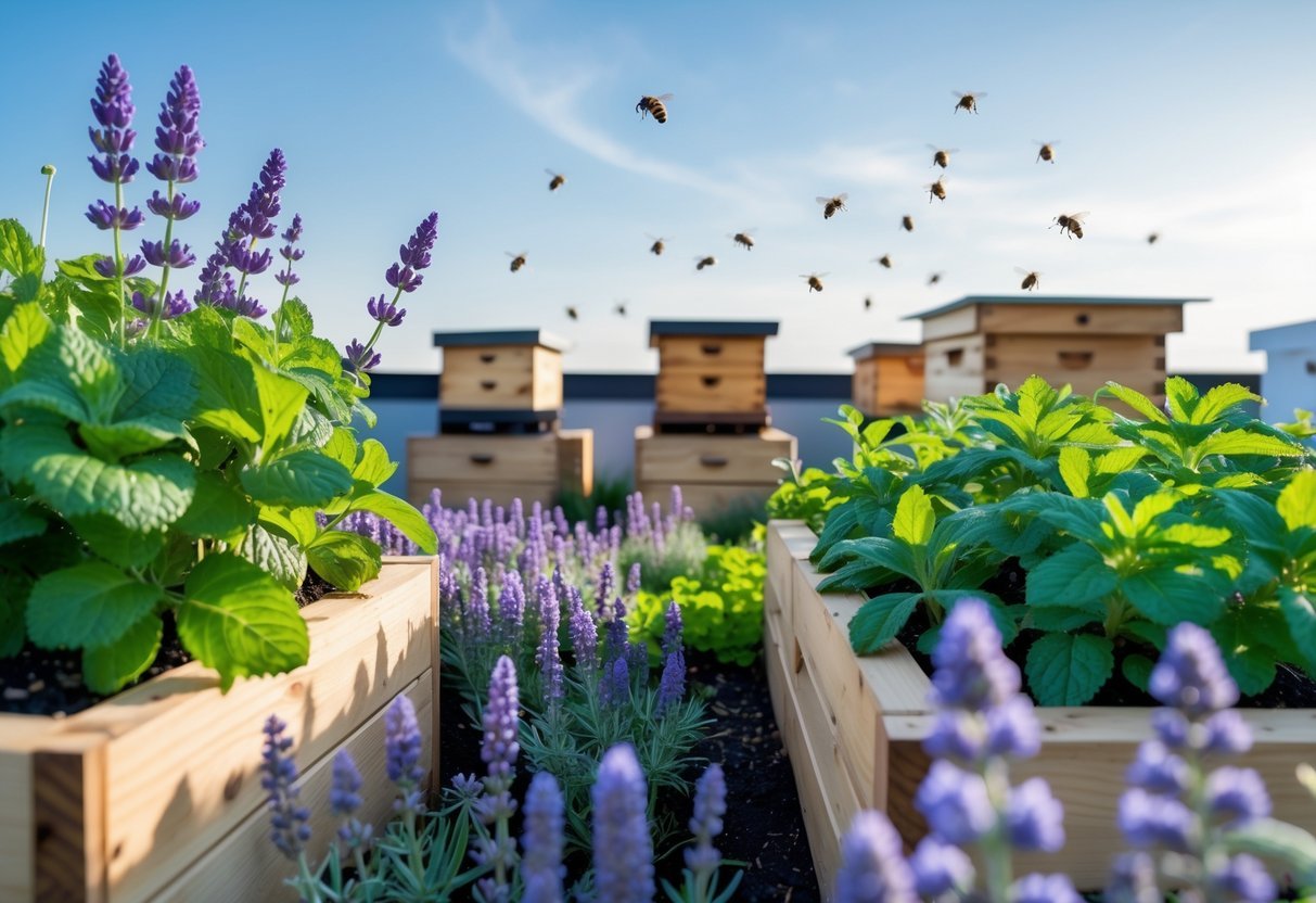21+ Rooftop Beekeeping Garden Ideas: Practical Designs for Urban Beekeepers in the US 19 Rooftop garden with lavender and mint plants near honeybee hives and bees flying around.