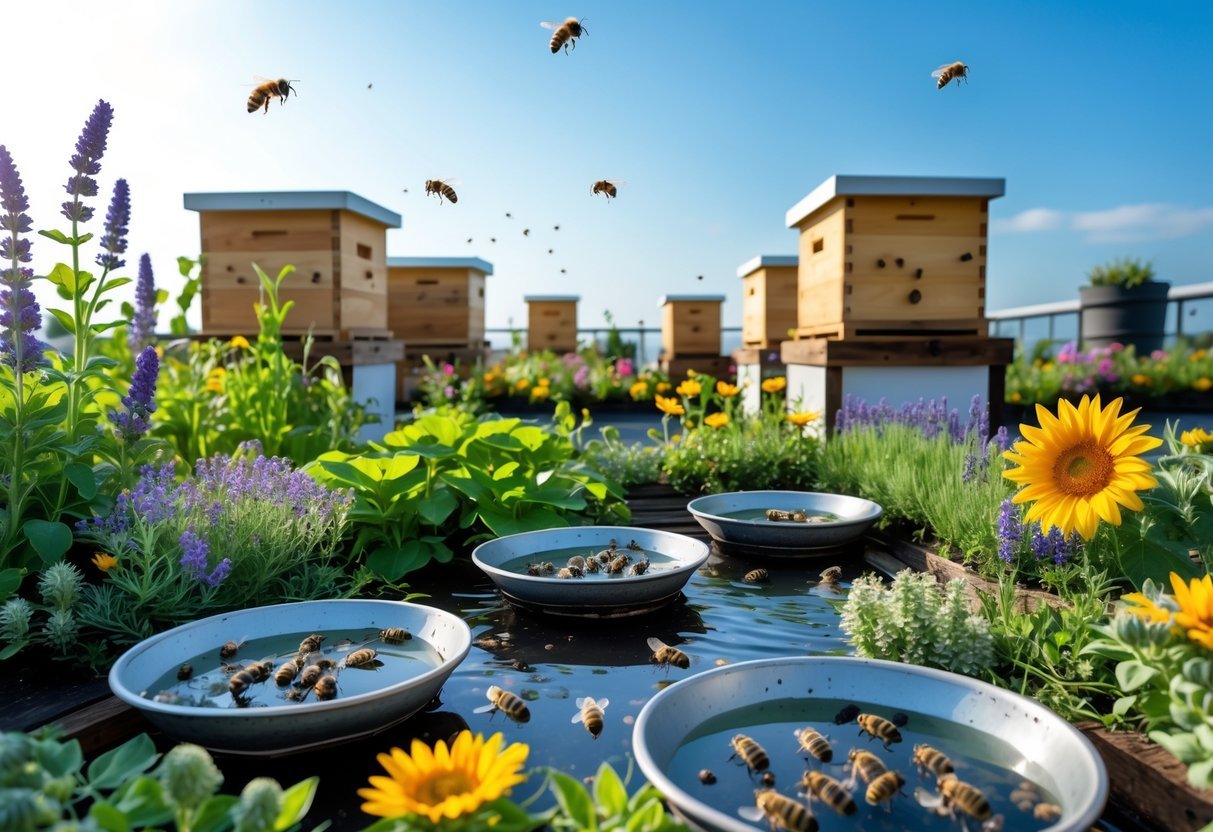 21+ Rooftop Beekeeping Garden Ideas: Practical Designs for Urban Beekeepers in the US 20 Rooftop garden with flowering plants, wooden beehives, and shallow water dishes with twigs for bees to drink from, with bees flying around.