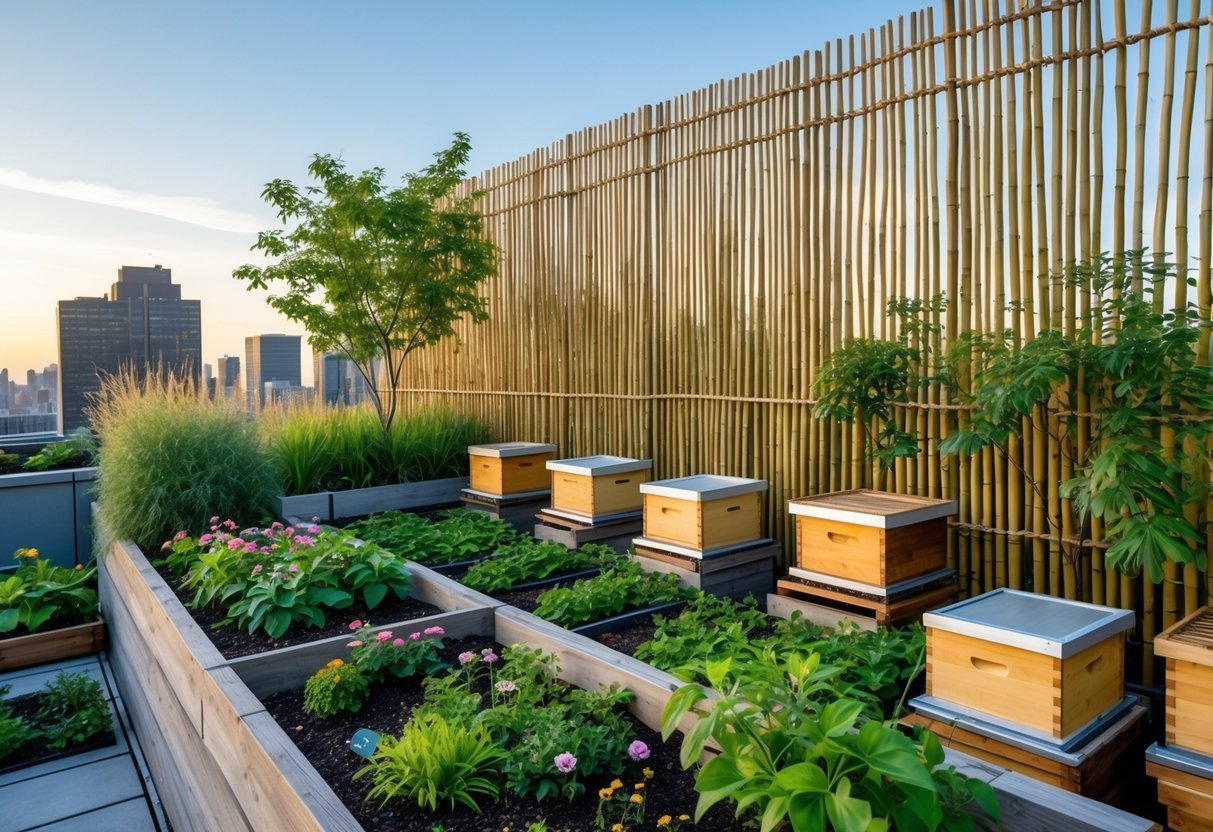 21+ Rooftop Beekeeping Garden Ideas: Practical Designs for Urban Beekeepers in the US 21 A rooftop garden with vertical bamboo fencing surrounding beehives and plants under a clear sky.