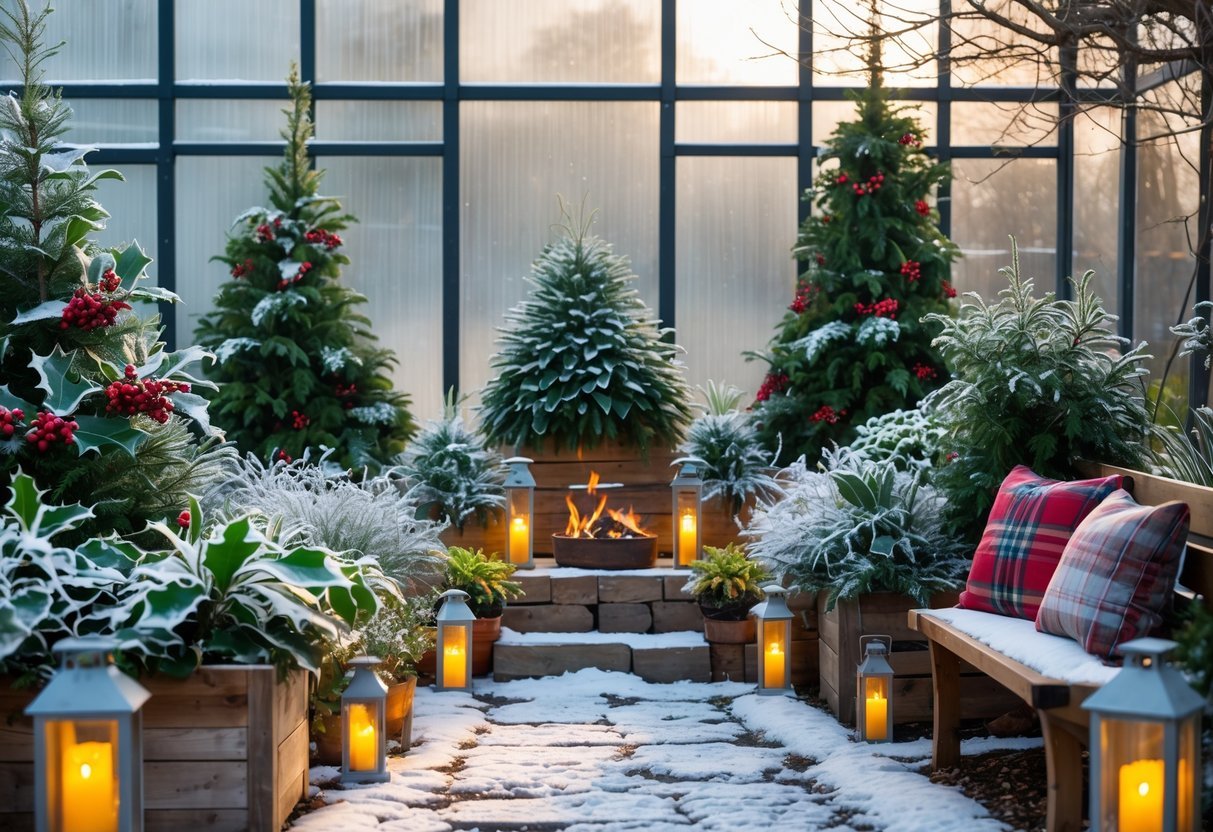 20+ Winter Garden Ideas to Transform Your Home in the US 2 A winter garden with evergreen plants, frosted pinecones, a stone path with light snow, a wooden bench with cushions, and a glass greenhouse in the background.