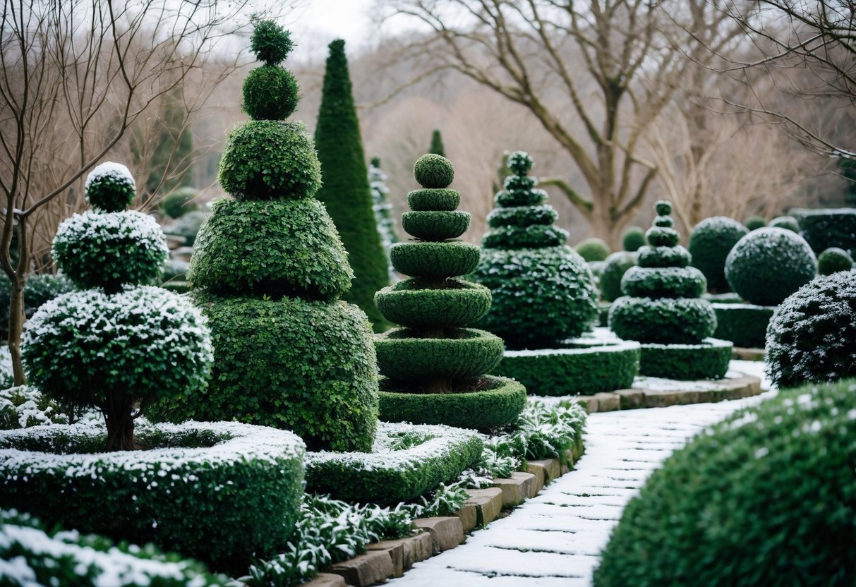 20+ Winter Garden Ideas to Transform Your Home in the US 3 A winter garden with neatly shaped evergreen topiaries covered lightly with snow along a stone pathway.