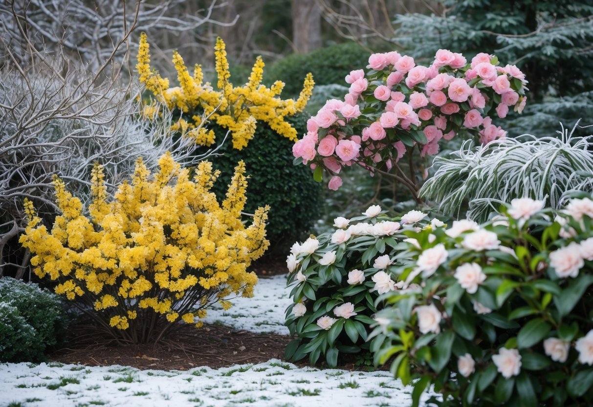 20+ Winter Garden Ideas to Transform Your Home in the US 4 A winter garden with flowering shrubs blooming among frosted green leaves and light snow on the ground.