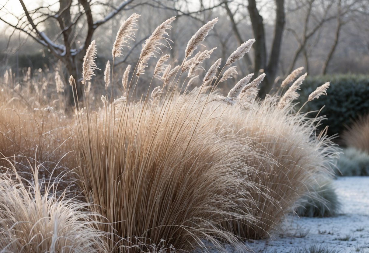 20+ Winter Garden Ideas to Transform Your Home in the US 5 A winter garden with various ornamental grasses covered in frost and soft snow, surrounded by bare branches.