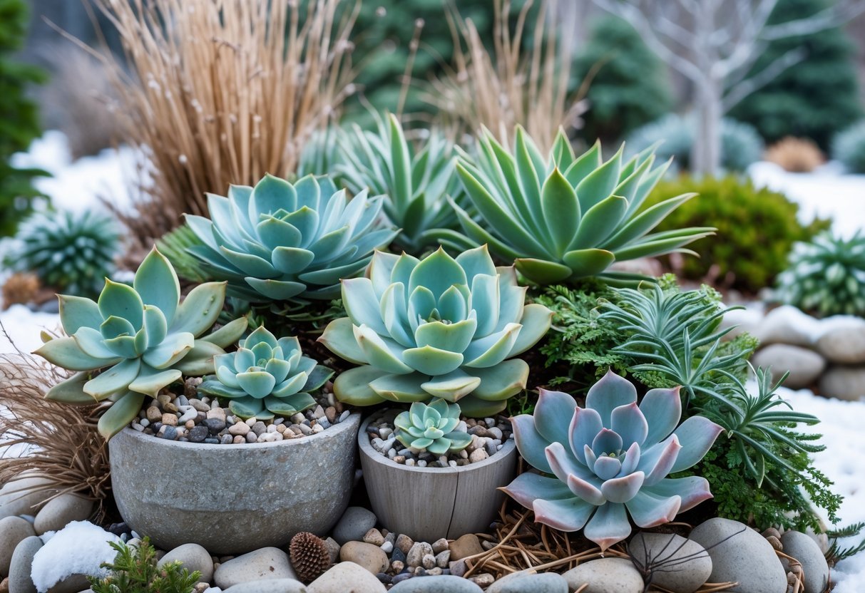 20+ Winter Garden Ideas to Transform Your Home in the US 6 A winter garden with various hardy succulent plants in stone and wooden containers, some with light frost, surrounded by natural winter elements and snow in the background.