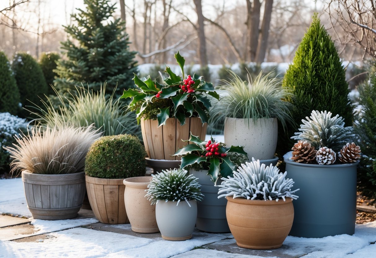 20+ Winter Garden Ideas to Transform Your Home in the US 7 A winter garden scene with various containers and planters filled with evergreen shrubs, holly branches, and pine cones on a snow-dusted patio.