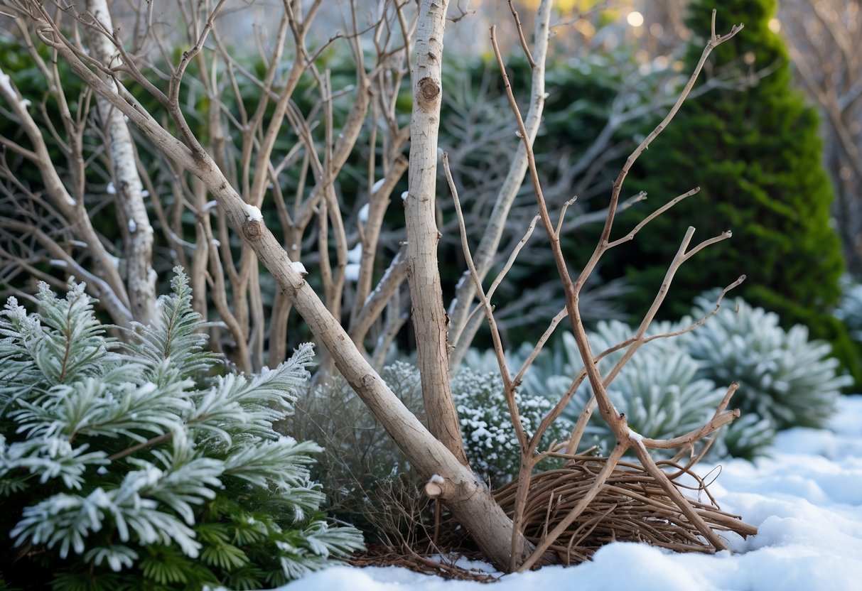 20+ Winter Garden Ideas to Transform Your Home in the US 8 A winter garden with bare tree branches, twigs, snow-dusted shrubs, and evergreen plants.